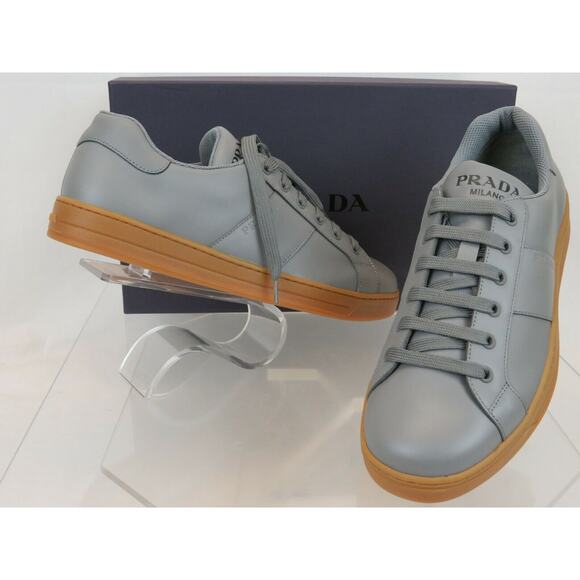 NIB PRADA 4E3501 GRAY LEATHER LACE UP LOGO LOW TOP SNEAKERS 7.5 / US 8.5 ITALY - Picture 5 of 12